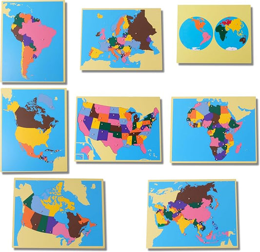 Premium Montessori Wooden Map Puzzle Set 23”, 8 Large Geography Puzzles: World, USA, Canada, Europe, Asia, Africa, North & South America with Control Cards, Kids Gift, Homeschool Learning Materials - Image 2