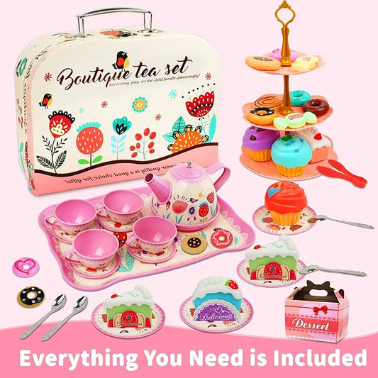 SMILESSKIDDO 46pcs Princess Tea Party Set for Little Girls - Kids Kitchen Pretend Play Toys - Toddler Tea Party Sets for Girls 3-5, Gift for 3 4 5 6 Girl(Garden)