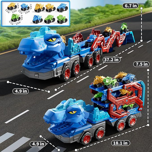 Toddler Car Truck Toys for Kids Ages 3-5, 10-in-1 Dinosaur Carrier Truck with Foldable Track Toys with Spray, Light & Sounds and 9 Dino Cars, Birthday Gift for 3 4 5 6 7 8 Years Old Boys Girls