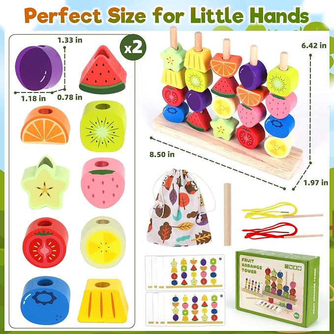 Montessori Wooden Beads Stacking Toys: 2 3 4 Year Old Boys Girls Birthday Gifts - Toddler Sequence Game & Sorting Blocks & Lacing & Matching Shape - Preschool Learning Activities for 2-5 Years Kids - Image 7