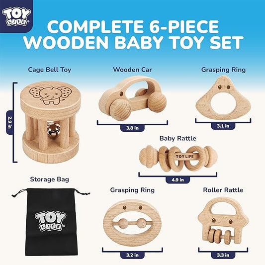 TOY Life Wooden Toys Cars, Montessori Baby Toys 6-12 Months, Wooden Baby Toys Rattle Cars for Toddlers 1-3, Baby Boy Nursery Decor, Montessori Toys for 1 Year Old Boy (6 PCS Rattle Set)