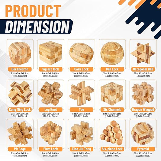 Wooden Brain Teaser Puzzles, 15pcs 3D Brain Teasers for Adults Teens Kids, Logic Mind Puzzle Box Lock Toy Removing Assembling 3D Small Puzzle Gift Set, Small 3D Unique IQ Hand Puzzles