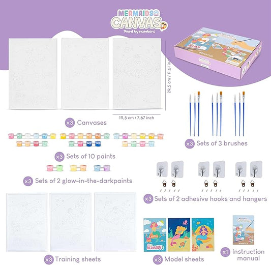 BONNYCO Paint by Numbers Kit for Kids Mermaid Pack 3 Canvas. Paint by Number Canvas Framed Pre Drawn, Mermaid Gifts for Girls Painting. Arts and Kids Crafts 4-6 8-12, Pintar por Numeros Niñas