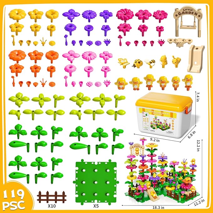 Flower Garden Building Toys for Toddler 3 4 5 6 7 Years Old, 119Pcs DIY Stacking Toys with Storage Box, Kids STEM Preschool Educational Toy, Christmas Birthday Gift for Girls Ages 3-5