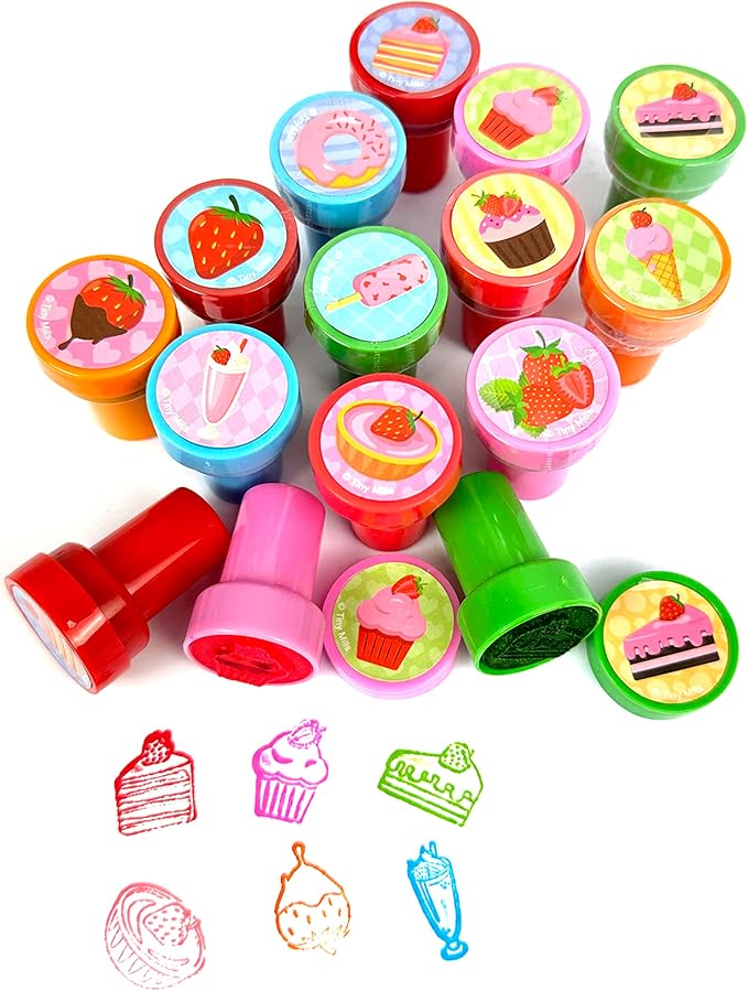 TINYMILLS 24 Pcs Strawberry Themed Assorted Stamps for Kids Self Ink Stamps (12 Different Designs) Strawberry Party Favors, Strawberry Goody Bag Fillers, Carnival Gifts, Farm Party Favors