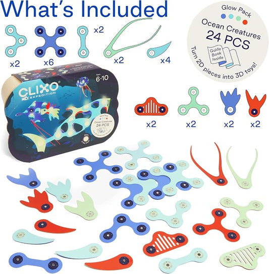 Clixo Ocean Creatures Pack, Glow in the Dark STEAM Magnet Toys(24 Pc, 6+) - Image 2
