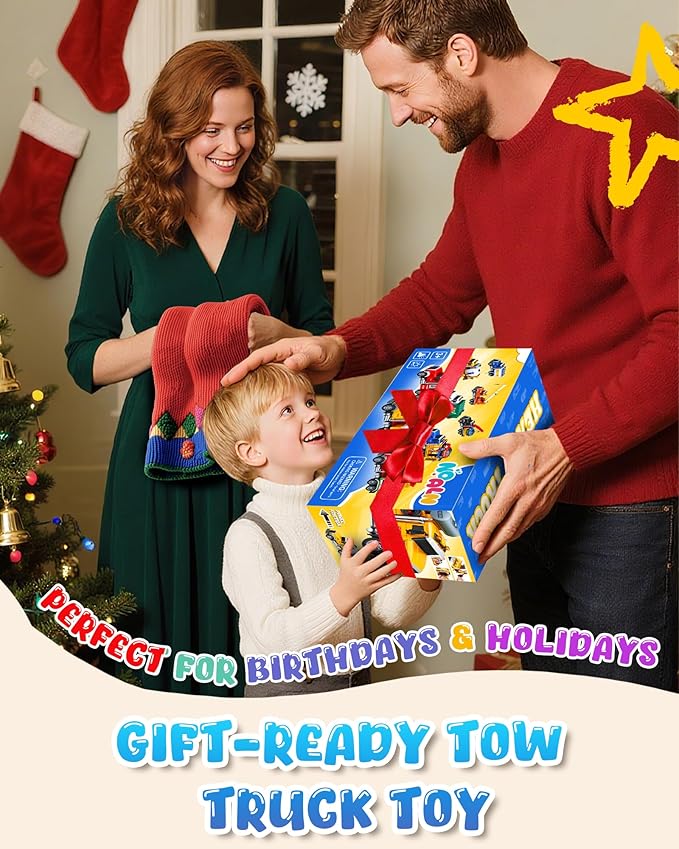 Kids Toys for 3 4 5 6 7 Years Old Boys, 15" Large Tow Truck Toy, Friction Powered Transport Toy Trucks with Lights and Sounds, Birthday Gifts for Boys & Girls with Racing Car