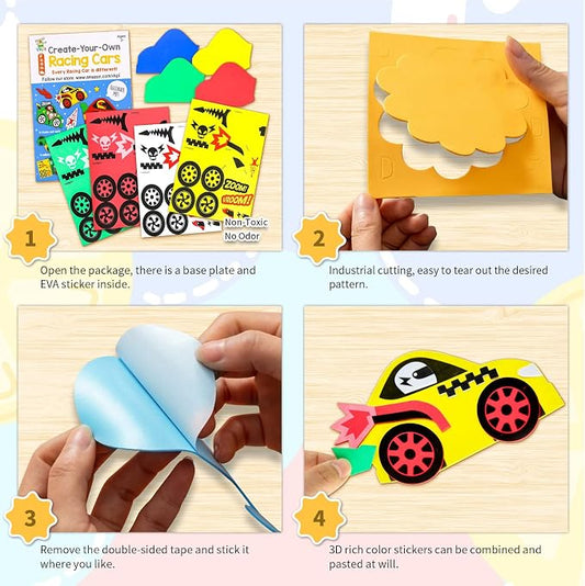 VKPI 4 Pieces EVA Foam Art Crafts Gift Kit, Creative Make Your Own Racing Cars, Cartoon Paper Craft Projects for Kids Ages 4+ Toddler, Preschool Learning Toy for Birthday Party Favor Supplies - Image 2