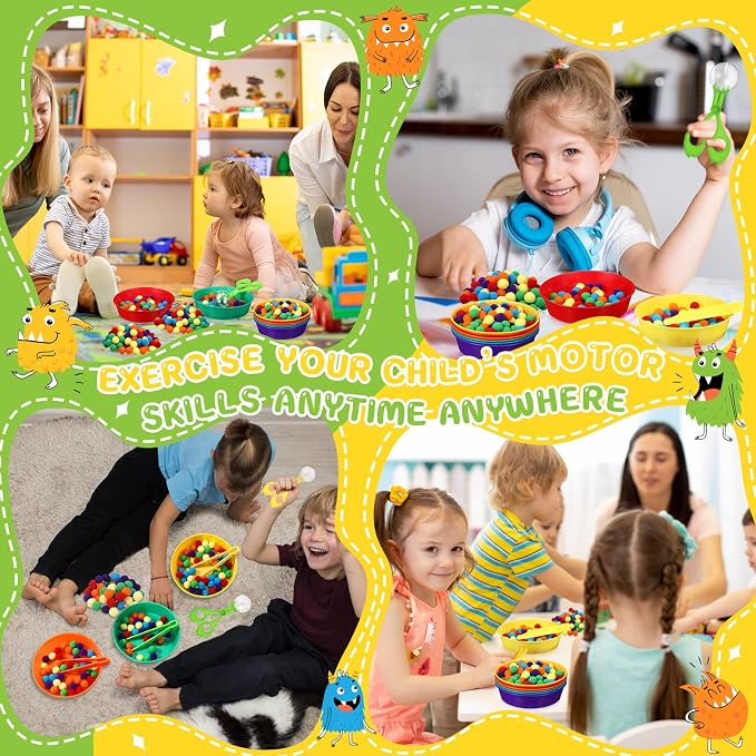 Zhanmai 142 Pcs Fine Motor Skills Toys Handy Scooper Set Sensory Bin Filler 12 Sorting Bowls 8 Tweezers 2 Scissors Clips 120 Plush Balls for Early Education and Sorting Counting Training Development - Image 6