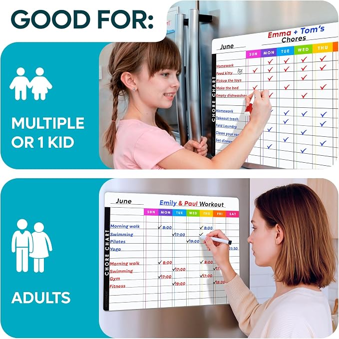 Magnetic Chore Chart Dry Erase Whiteboard Set - Pocket Charts for Multiple Kids, Teens & Adults (15"x 11.5"), Daily to-Do, Grocery, Notes (9"x 7") -Behavior Chart for Fridge & 6 Fine Tip Markers - Image 7