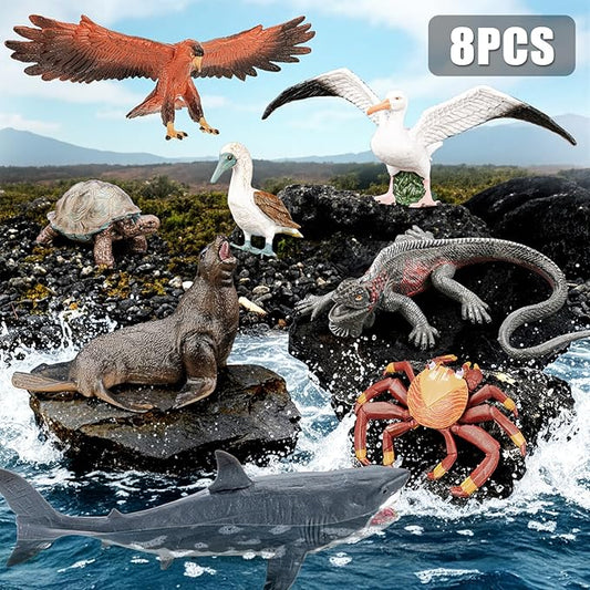 8PCS Large Galapagos Island Animal Figurines Set, Realistic Giant Tortoise Sea Animal Toys Includes Shark, Hawk, Crab, Sea Lion, Blue-Footed Booby, Educational Toys for Toddlers Kids