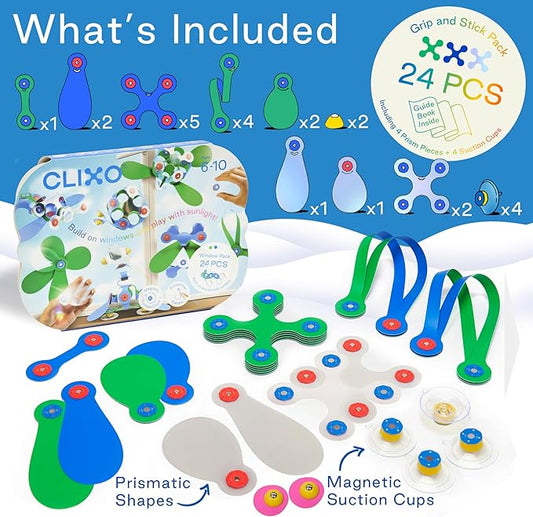 Clixo Window Travel Pack - Fun Magnetic Toy for Kids - 24-Piece Suncatcher Kit with Prisms & Suction Cups for Plane and Car Windows – Portable Rainbow Maker STEM Toy for Creative On the Go Car Playset