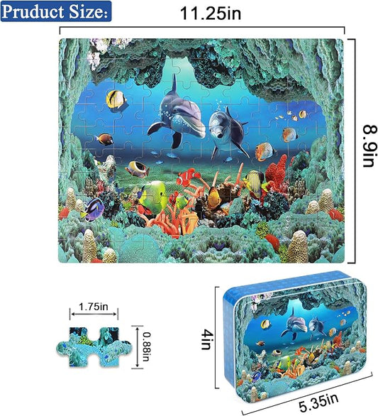 LELEMON Underwater World Puzzles for Kids Ages 4-8,100 Piece Ocean Dolphins Fishes Jigsaw Puzzle for Children,Learning Educational Toys for Boys and Girls - Image 2