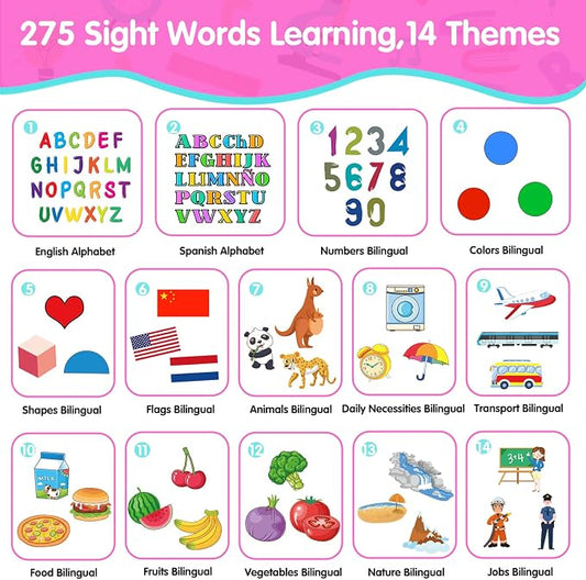 QuTZ ABC Learning Flash Cards for Toddlers 2-4 Bilingual Spanish English, Autism Toys, Speech Therapy Toys, Educational Talking 275 Sight Words Cards for Boys and Girls, - Image 2