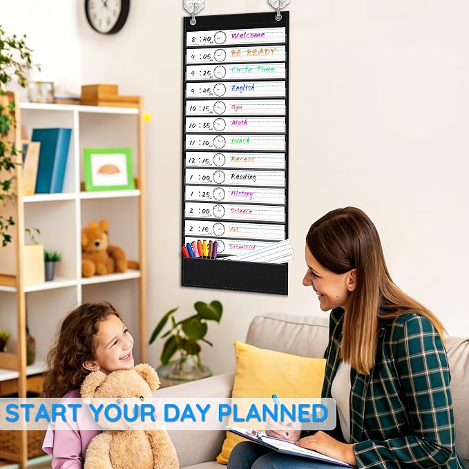 ZKOO Daily Schedule Pocket Chart for Kids, 13+1 Pocket Visual Schedule for Autism ADHD Classroom, 18 Reusable Double-Sided Dry-Erase Cards, Homeschool Special Education Routine Chart (Black) - Image 7