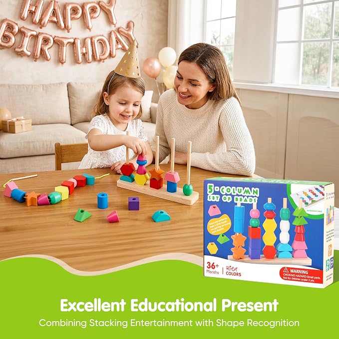 Montessori Wooden Threading Beads Set for Toddlers 3 4 5, Bead Sequencing & Stacking Toy with Pattern Cards, Lacing Beads, Shape Matching Stacker, Fine Motor STEM Learning Gift - Image 9