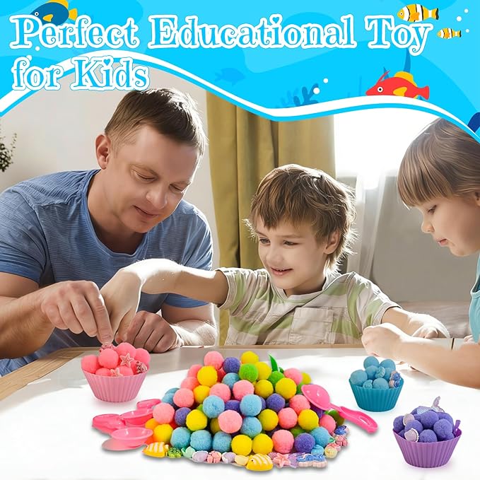 185pcs Summer Ocean Animal Sensory Bin Filler Fine Motor Toys Ocean Animals Sensory Bin Items Resin Crab, Starfish, Sea Snail, Pearl Shell Pom Poms for Preschool Education Counting Sorting - Image 6