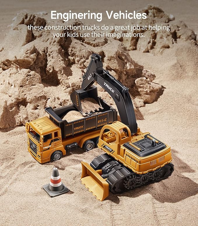 Geyiie Large Construction Trucks Toy Set, Construction Vehicles for Kids, 7 PCS Pull Back Engineering Cars with Excavator, Bulldozer, Dump, Cement Mixer, STEM Sand Toys Gifts for Boys Girls