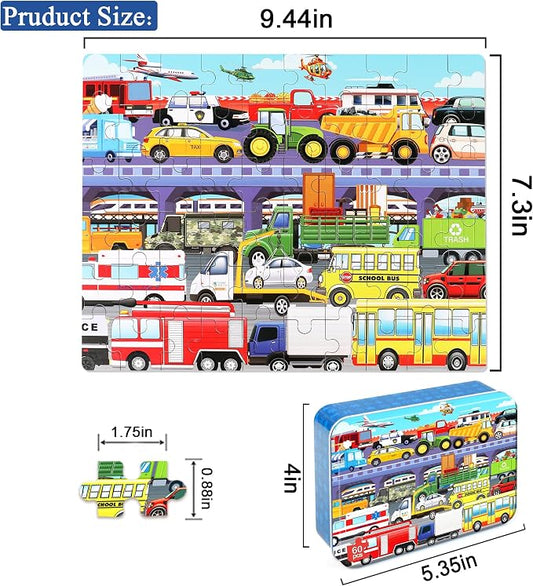 LELEMON 60 Pieces Puzzles for Kids Ages 4-8 Traffic Jam Puzzle for Boys Girls Transportation Vehicles Children Learning Educational Puzzles Portable Box Pack Toys - Image 2