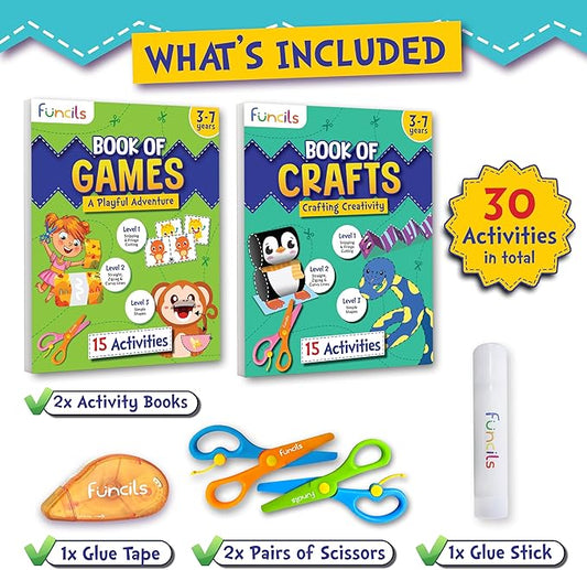 Funcils Toddler Scissor Skills - Art Supplies & Crafts Kit for Kids, Safety Scissors, Fine Motor Toys, Montessori Gifts for Boys & Girls Ages 3, 4, 5, 6, 7 Year Old, Preschool Learning Activity Books