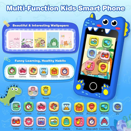M SANMERSEN Dinosaur Smart Phone for 3 4 5 Year Old Kids, 2.8" Touchscreen Toddler Phone Toy, Dual Camera 28 Learning Games, MP3 Music Player, Built-in 32G SD Card