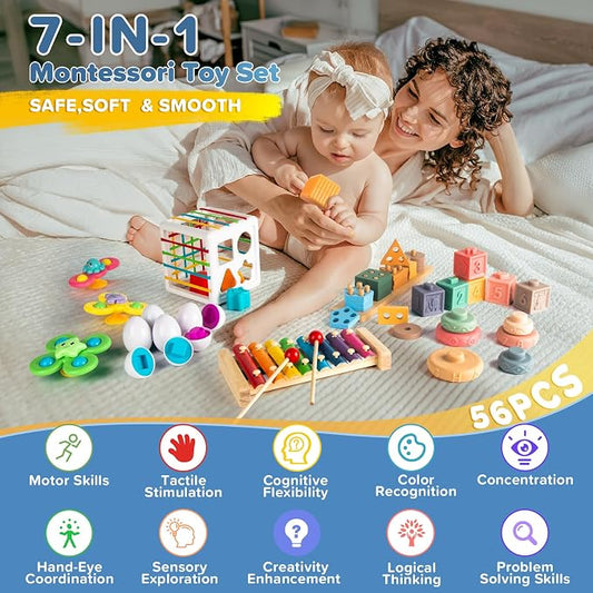 Somastung 7‑in‑1 Montessori Baby Toys for 6‑12 Months & 1+ Years, Infant Sensory Teething & Stacking Blocks | Wooden Shape Sorter, Xylophone Musical Toy, Birthday Gift for Toddlers 1‑3 - Image 2