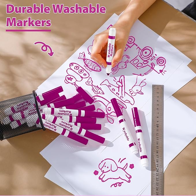 Janlaugh 36 Pcs Rose Pink Washable Markers Bulk Coloring Broad Line Markers for Kids Rose Pink Conical Tip Drawing Pen for Christmas School Travel Art Baby Shower Gender Reveal Party Supplies, Ages 6+
