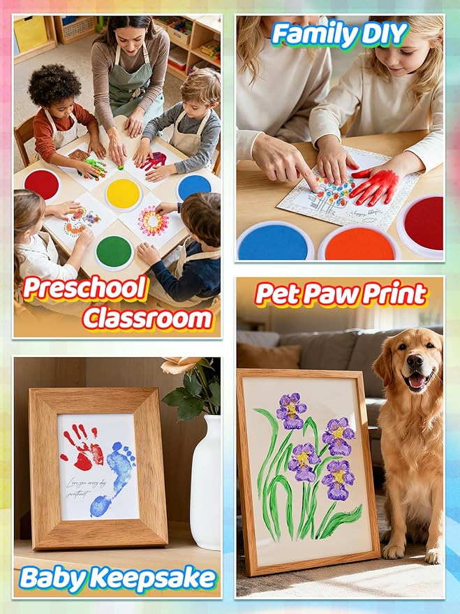 Large Washable Ink Pads for Kids - 7" Ink Pad for Handprint Footprint Toddler Finger Paint, 8 Vibrant Colors Stamp Pad Set for Card Making/Preschool Crafts/Birthday Gifts