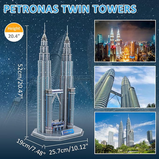3D Puzzles for Adults & Kids, Petronas Twin Towers City Architecture Building Model Kit, 3-D Jigsaw Puzzles DIY STEM Desk Toys Christmas Birthday Gift for Hobbyist Teens Boys Girls 10-12-14, 130 PCS - Image 2