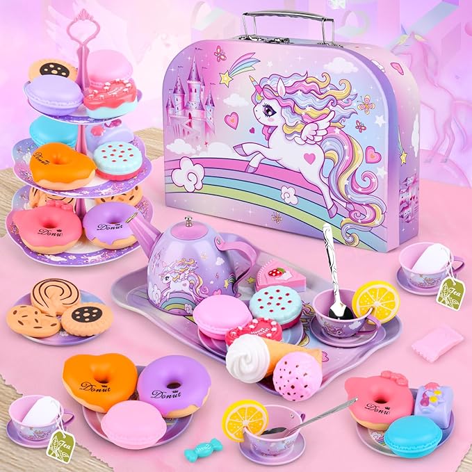 Auney Tea Set Toys for Girls 36pcs, Unicorn Tea Party Toy Pretend Play Toddler Toys, Girls Toys for Birthday Including Carrying Case (Pink Purple Unicorn)
