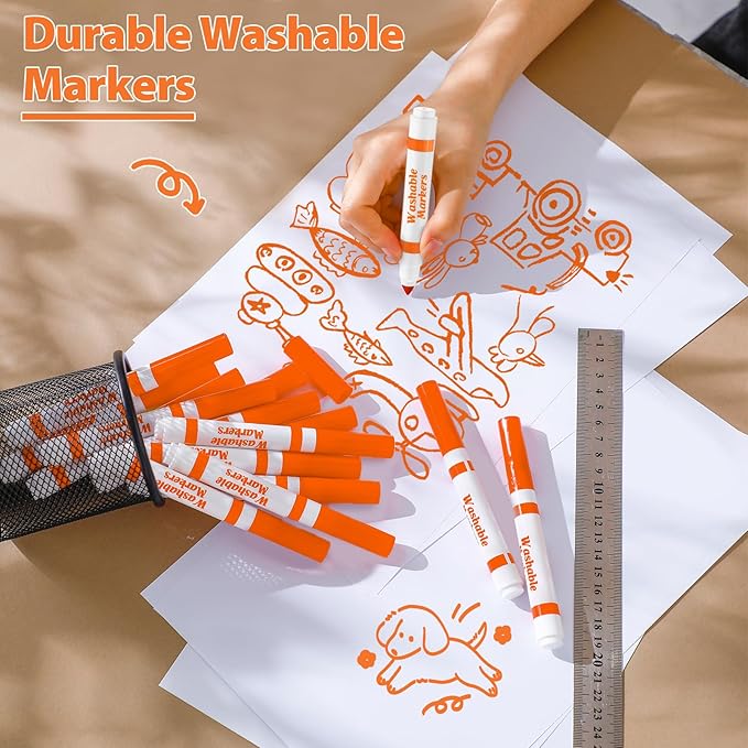 Janlaugh 36 Pcs Orange Washable Markers Bulk Coloring Broad Line Markers for Kids Conical Tip Drawing Pen for Christmas, School Supplies, Travel Art Baby Shower Gender Reveal Party Supplies, Ages 6+