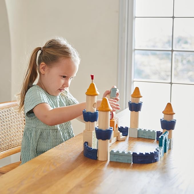 PlanToys® Castle Blocks Wooden Montessori Building and Imaginative Play Set | Creative Thinking, Fine Motor and Early STEM Learning Activity | Eco Friendly Open Ended Construction Toy