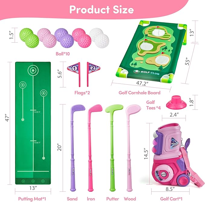 PJG Toddler Golf Set with Mat & Cornhole Board, Plastic Kids Golf Clubs 3-5 with 4 Golf Clubs and 10 Balls, Golf Toy with Cart for Boys and Girls Aged 1 2 3 4 5 Years Old Birthday (Pink)