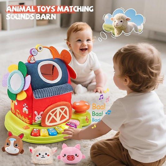 Musical Baby Toys 6-12 Months, Surprise Barn with 7 PCS Stuffed Farm Animals, 4 Mode Sound and LED Lights, Montessori Sensory Toys for 6 12 Months, Ideals 6 7 8 9 Month Old Baby Gifts Toy
