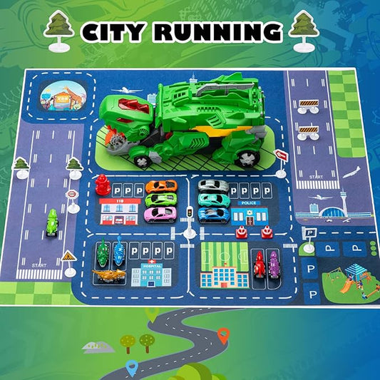 Dinosaur Toys Car for Kids 3-8 Year Old Boy Gift, Toddler Toys for 3 4 5 6 Years Old Boys & Girls Transport Dino Truck with 12 mini Cars & City Map Birthday for Kids