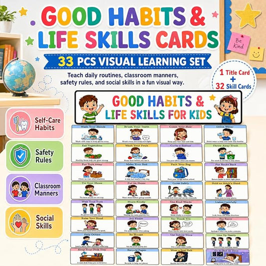 33 Pcs Good Habits & Life Skills Cards for Kids, Classroom Behavior Chart and Daily Routine Visual Cards for Preschool Kindergarten Homeschool Decor - Image 2