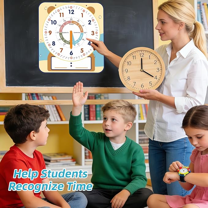 ANCOMEDO Large 12" Magnetic Writable Dry Erase Teaching Clock with Cute Style, Teaching Demonstration Clock for Kids Learning Practice Time for Home School Classroom Supplies (12" x11"-Beige) - Image 8