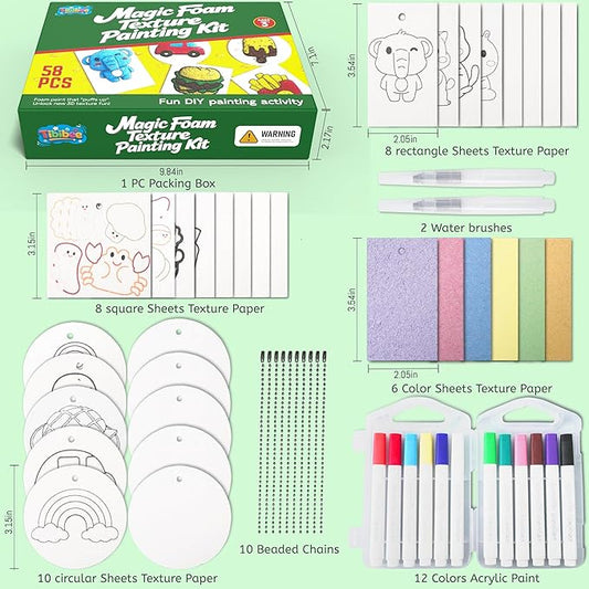 Tibibee Magic Puffy Paint, 58pcs Magic Foam Texture Painting Kit, Include 32pcs Foam Texture Paper, 12 Acrylic Markers, Magical 3D Effect Texture DIY Painting Kit for Kids Ages 3–8