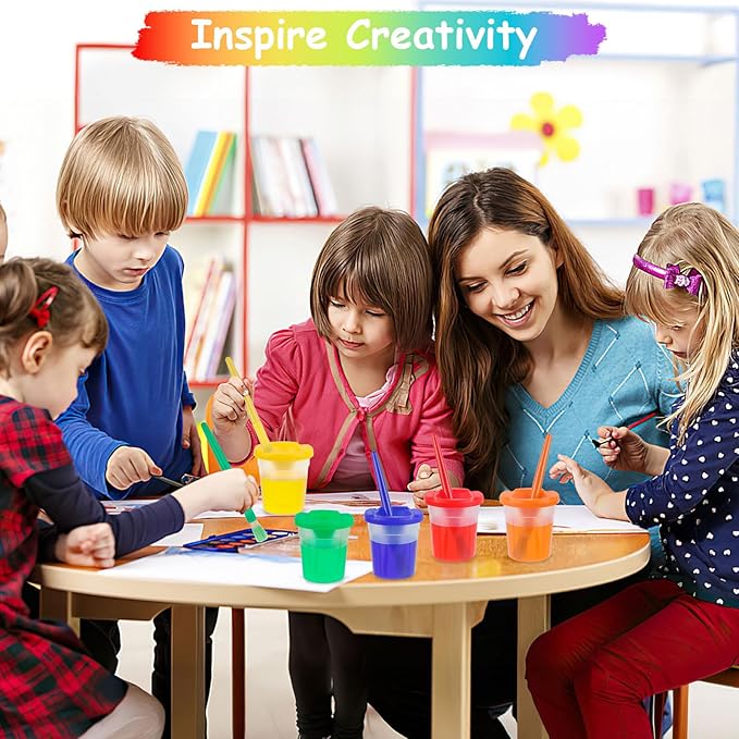 Mkobon 10 PCS No Spill Paint Cups with Colored Lids and Brushes for Kids, Spill Proof Paint Brush Cleaner Cup, Toddler Water Cups for Painting, Arts and Crafts Supplies, for Acrylic Paint, Watercolor