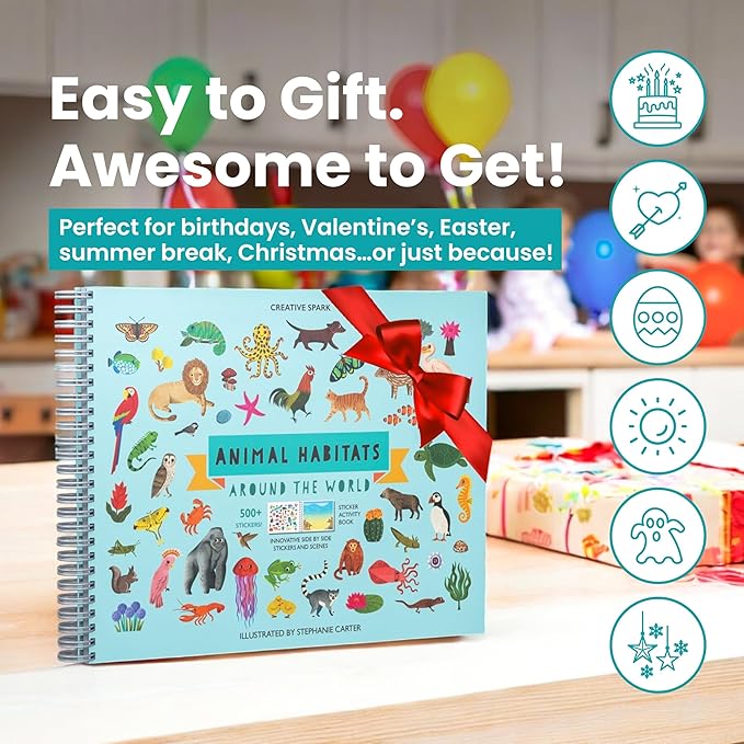 Cupkin Animal Sticker Book Activity for Kids with 500+ Habitat Stickers, Toddler Airplane Travel Essentials, 12 Scenes + 12 Coloring Book Pages, Animal Lover Gift, Childrens Crafts for Ages 2–8