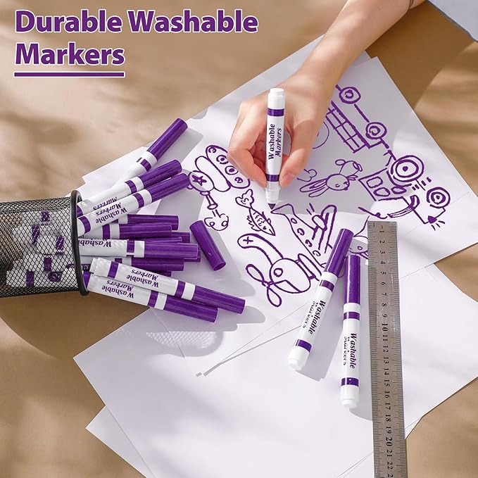 Janlaugh 36 Pcs Purple Washable Markers Bulk Coloring Broad Line Markers for Kids Conical Tip Drawing Pen for Christmas, School Supplies, Travel Art Baby Shower Gender Reveal Party Supplies, Ages 6+