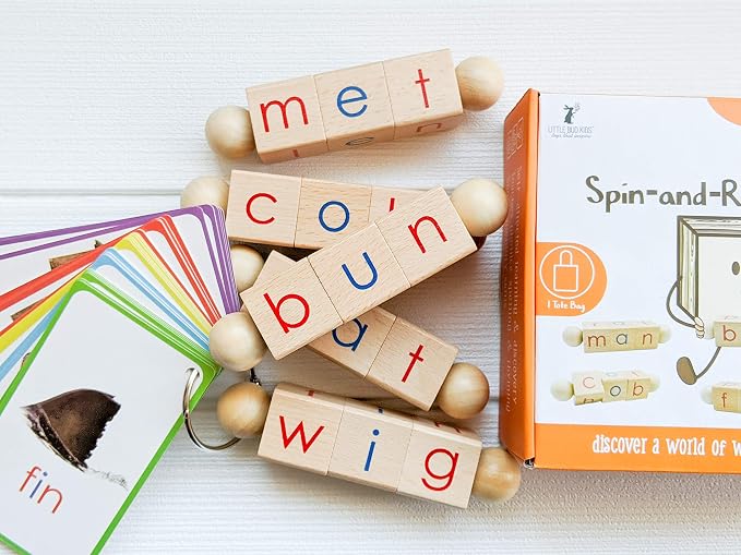 LITTLE BUD KIDS Spin-and-Read Montessori Phonetic Reading Blocks with CVC Phonics Flashcards for Beginner Readers, Montessori Reading Wooden Toys for 3 Years + - Image 9