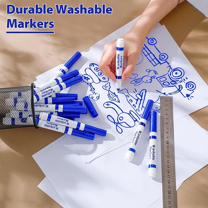 Janlaugh 36 Pcs Blue Washable Markers Bulk Coloring Broad Line Markers for Kids Blue Conical Tip Drawing Pen for Christmas,School Supplies, Travel Art Baby Shower Gender Reveal Party Supplies, Ages 6+