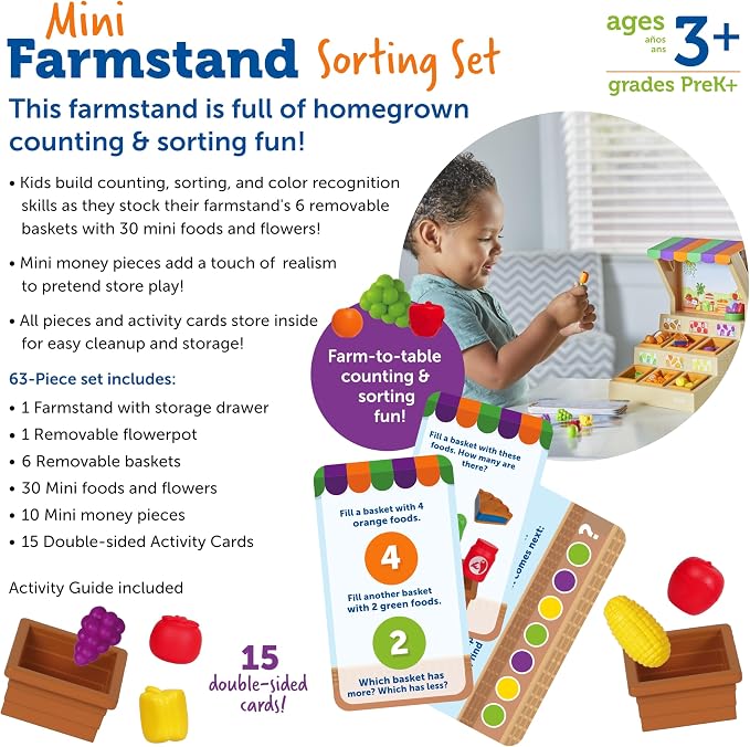 Learning Resources Mini Farmstand Sorting Set, Play Food Sets for Kids Kitchen, Grocery Store Pretend Play, Montessori Toys, Mini Food, Toddler Activities, Fine Motor Skills - Image 7
