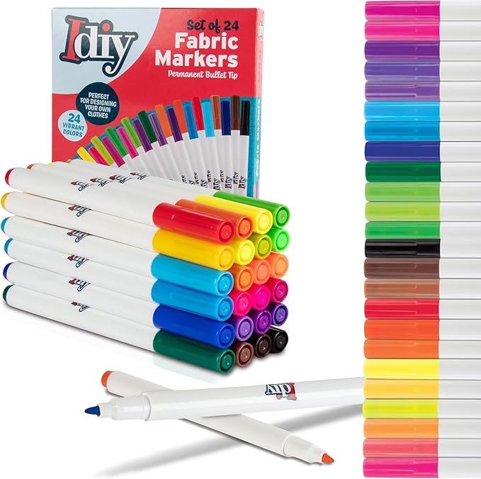 Fabric Markers (24 Colors) Permanent Coloring DIY Paint Pens-Art Paint Pens Kit w/Fine Bullet Tip for Clothes & Fabric-Fade Proof & No Bleed, Child Safe, Non-Toxic, Arts & Crafts Summer Camp Activity