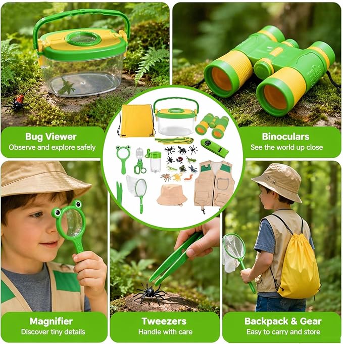 Kids Explorer Kit & Bug Catcher Kit, 23 Pcs Outdoor Adventure Set with Vest & Hat, Binoculars, 12 Insect Figures,Camping Hiking Toys Gift for Boys Girls Age 3-8 - Image 7