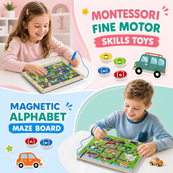 2 in 1 Magnetic Color and Number Maze Double-Sided ABC Alphabet Puzzles Board Magnet Dinosaur Counting Maze Preschool Learning Montessori Education 3 4 5 Years Toys (Car, One Size) - Image 8