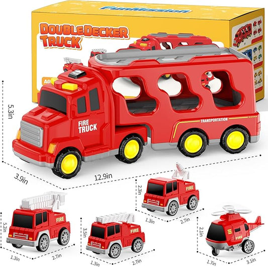 Toddlers Fire Truck for Kids 3-9 Year Old,5 in 1 Friction Power Vehicle Car for 3 4 5 6 7 Years Old Boys Girls,Carrier Truck Transport Toys for Christmas and Birthday Gifts