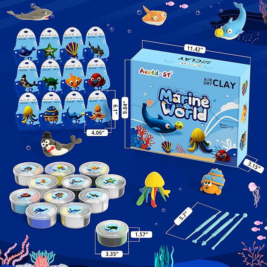 Air Dry Clay Kit - Ocean Theme, Modeling Clay for Kids, DIY Model Magic Clay with Sculpting Tools and Tutorials, 12 Boxes Molding Clay, Ultra Light, Soft & Non-Sticky, Arts and Crafts Gift for Kids