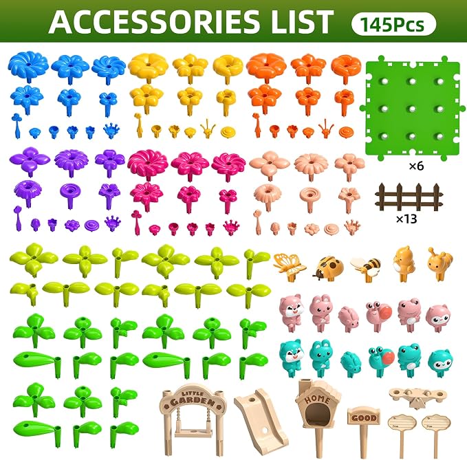 145 Pcs Toys for 3 Year Old Girl, Toddler Gardening Set Flower Garden Toy Girls Building Sets Best Educational Learning Fine DIY Crafts Stem Construction Stacking Kit for 3 4 5 6 7 Years Kids - Image 7